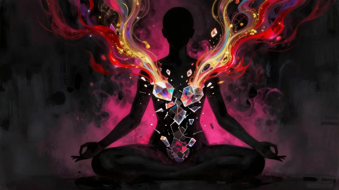 Abstraktní zobrazení uvolňování energetických bloků a vnitřní transformace.