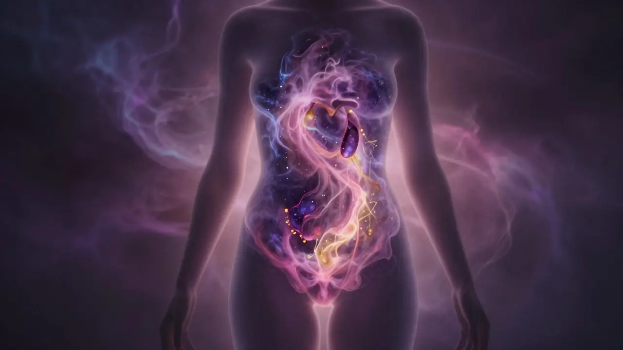 Abstraktní zobrazení ženské siluety s proudícími barevnými energiemi v oblasti pánve a srdce.