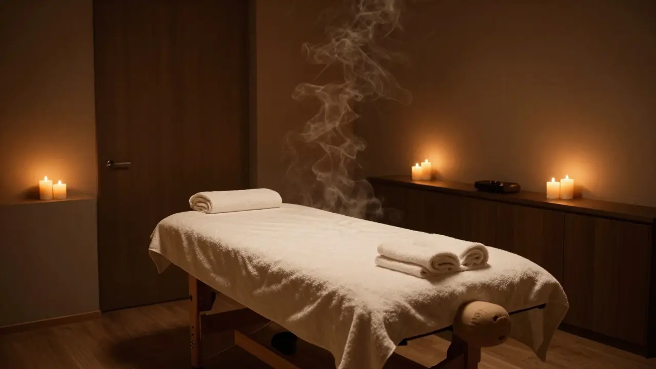 Atmosféra romantické místnosti s masážním stolem a zapálenými svíčemi.