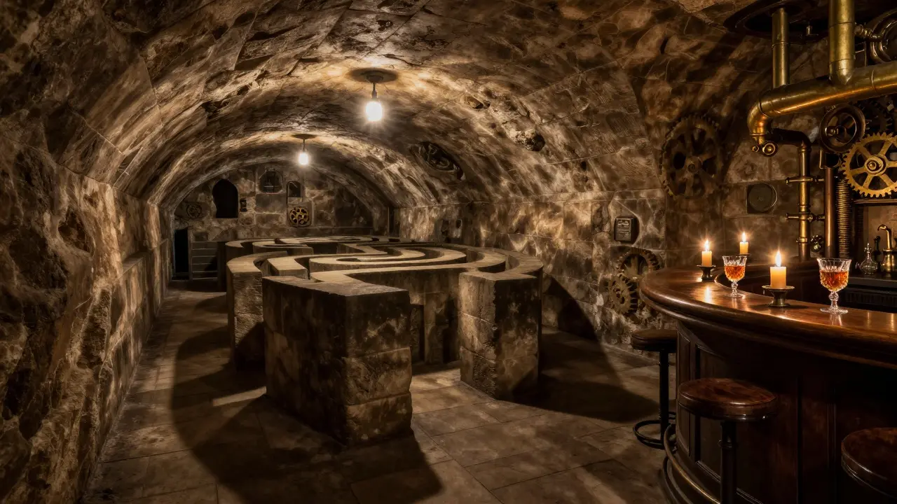 Atmosféřický pohled do středověkého pražského sklepa s prvky steampunk baru.