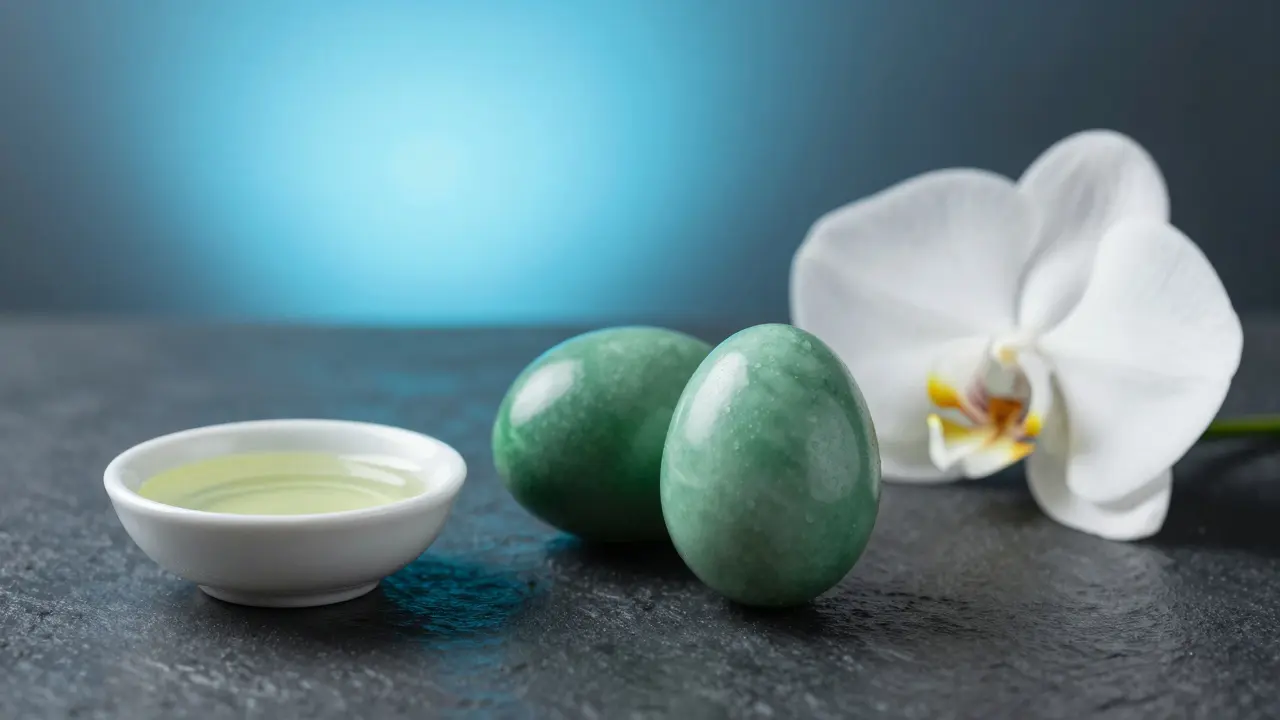 Jadeitová vajíčka, esenciální oleje a modré světlo na tmavém kameni v moderním wellness stylu.