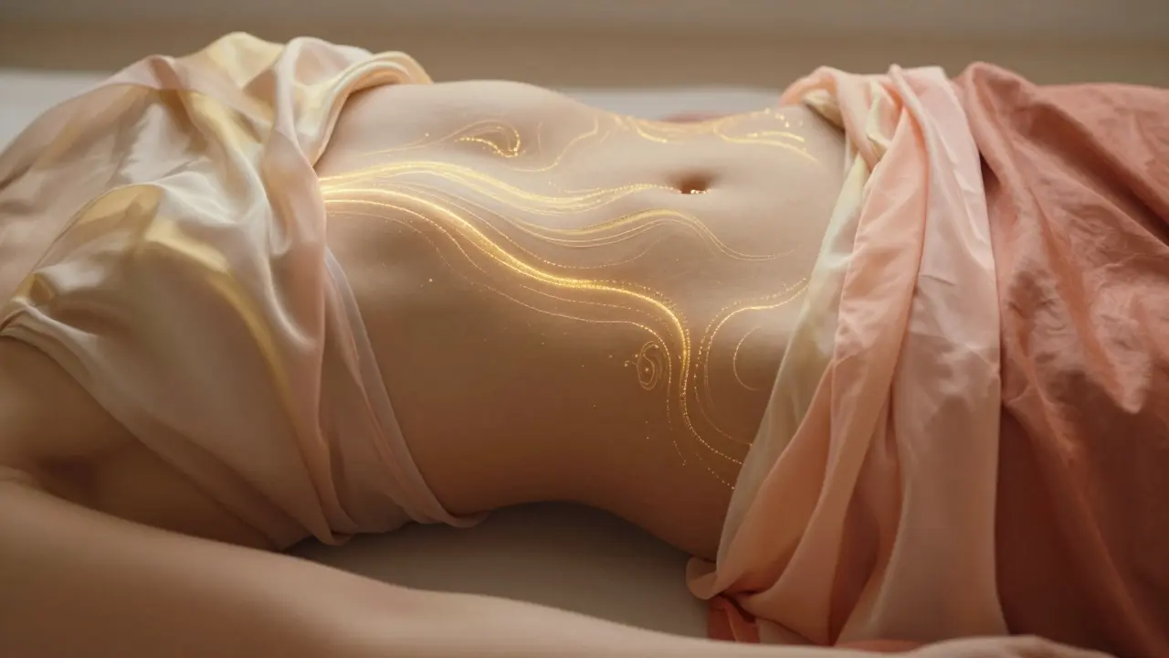 Konceptuální detail podbřišku s přilivující zlatou energií.