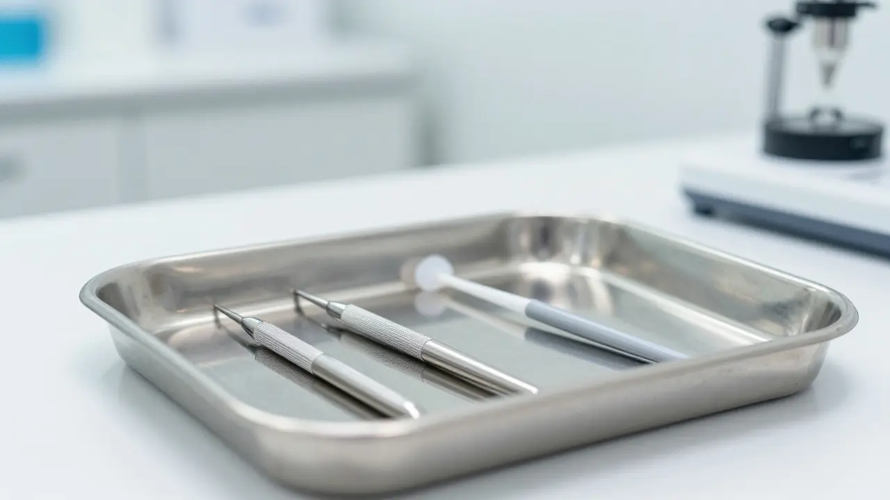 Lékařské nástroje pro gynekologické vyšetření na sterilním podnosem.