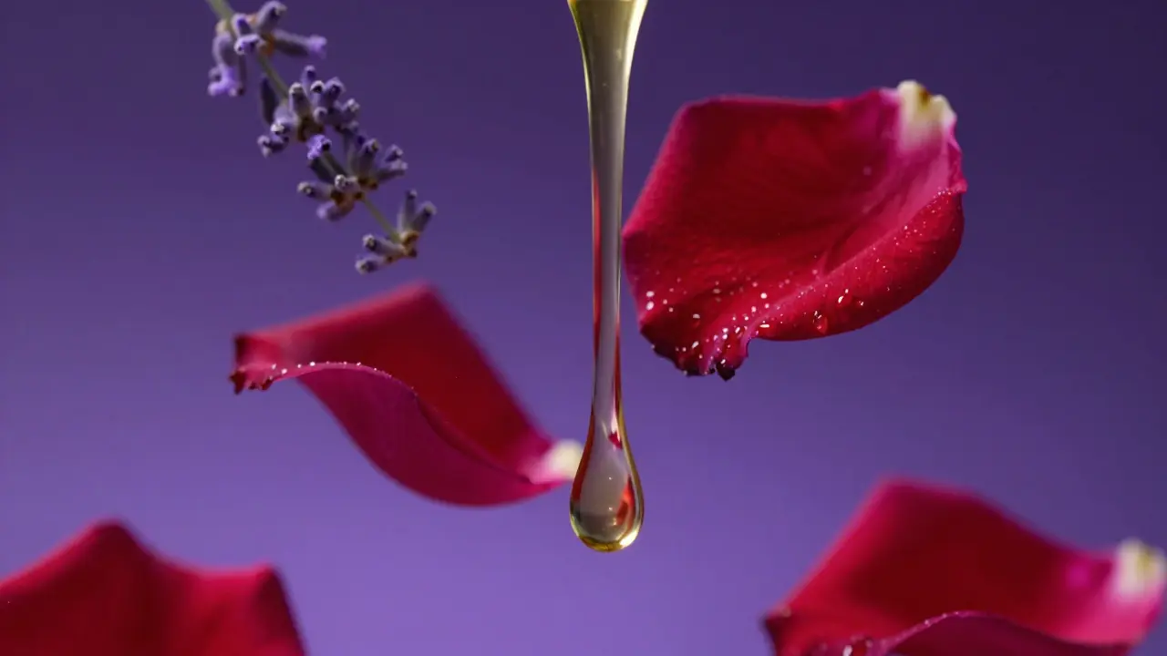 Makro detail zlaté kapky oleje s růžovým lístkem a levandulí na fialovém pozadí.