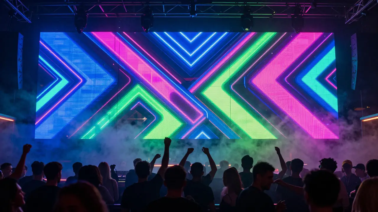 Moderní techno klub v Praze s velkými neonovými LED panely a tancujícími lidmi.