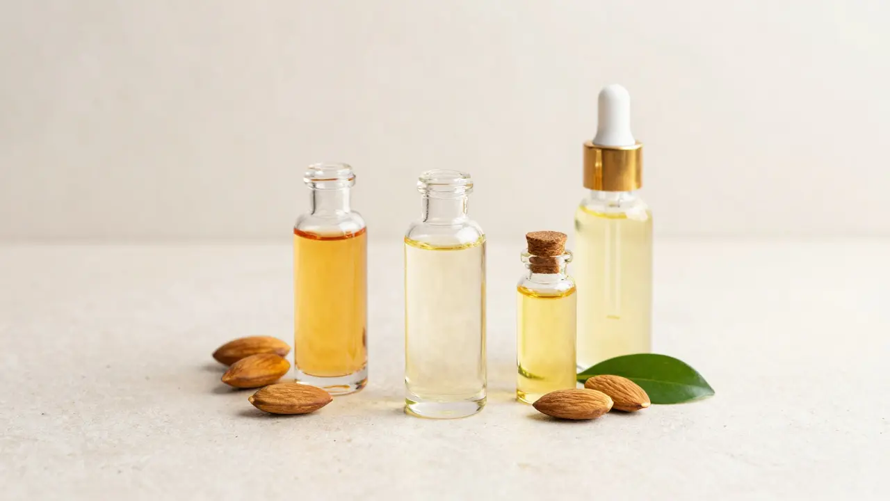 Sada lahviček s arganovým, hroznovým a jojobovým olejem na minimalistickém kameni.