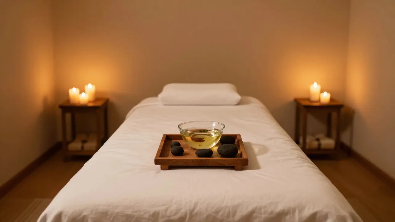 Uklidněný prostor s dopalujícími svíčkami, miskou kokosového oleje a lávovými kameny.