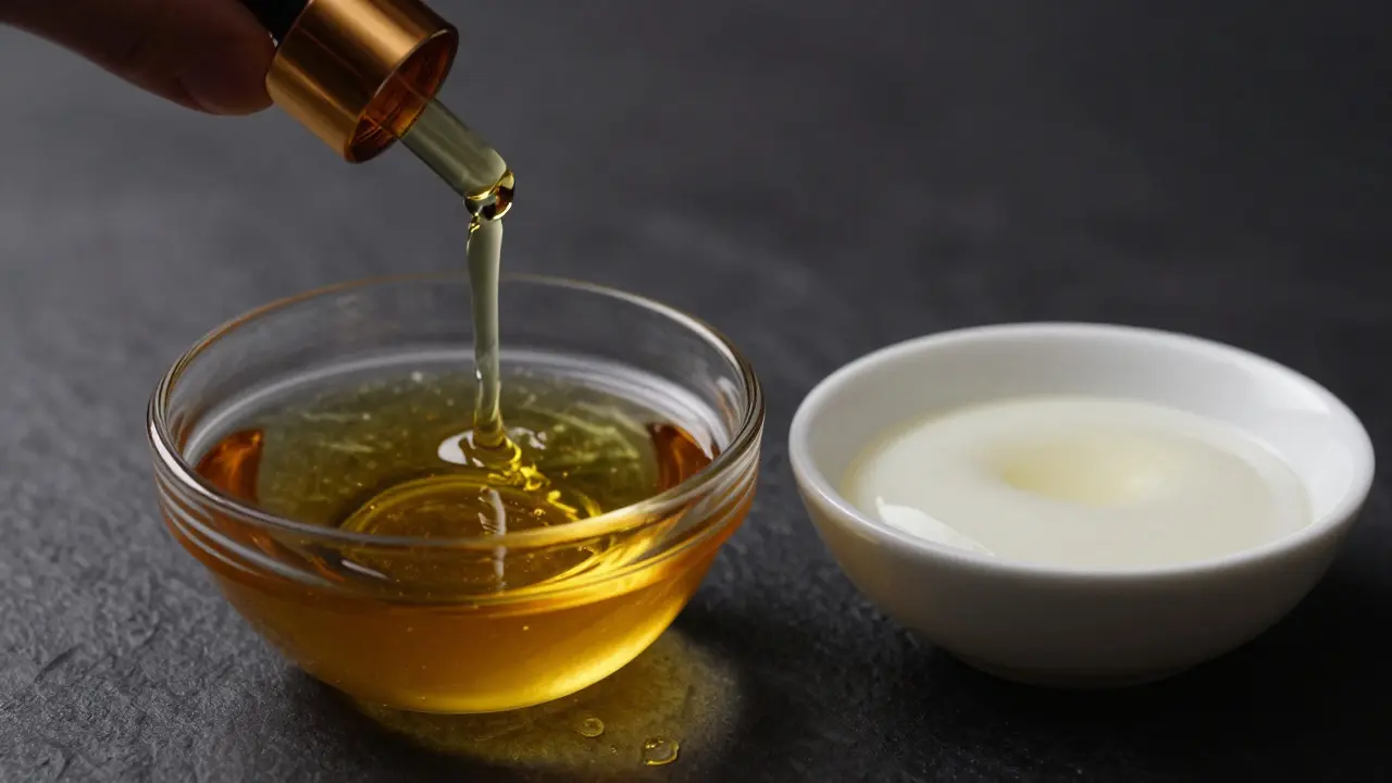 Zlatý arganový olej kapatý z lahvičky vedle roztápějícího se kokosového oleje.