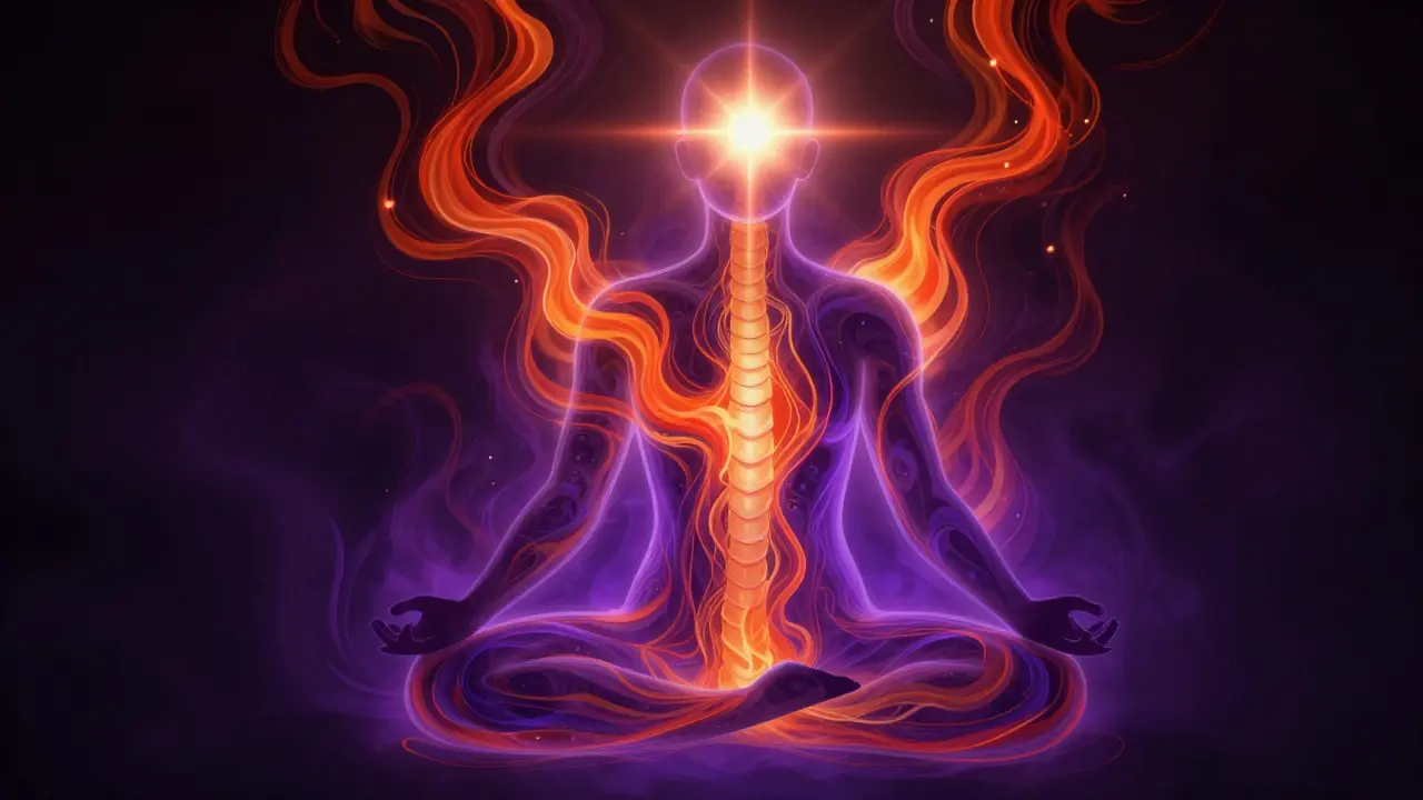 Abstraktní zobrazení energie Kundalini stoupající páteří