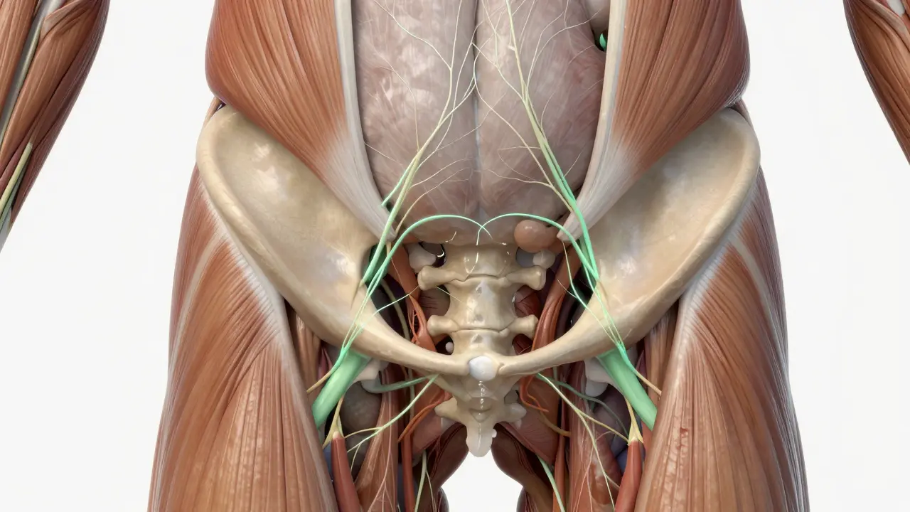 Anatomická ilustrace pánevního dna s důrazem na nervové zakončení a napětí