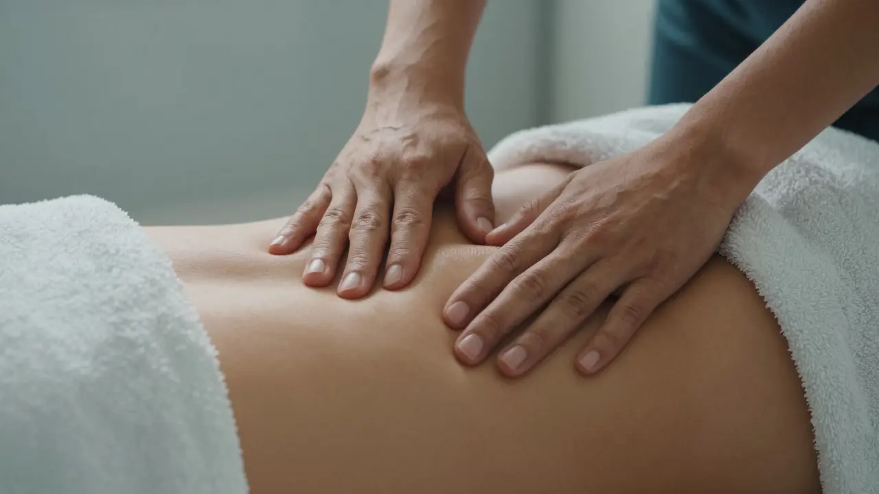 Jemný terapeutický dotek na zádech a kyčlích pro budování důvěry