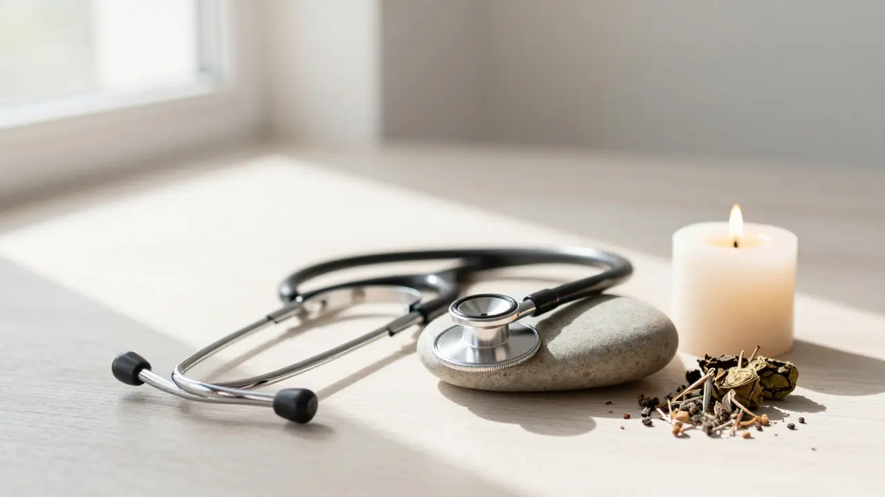 Stetoskop vedle svíčky a bylin symbolizující spojení medicíny a holistické péče.