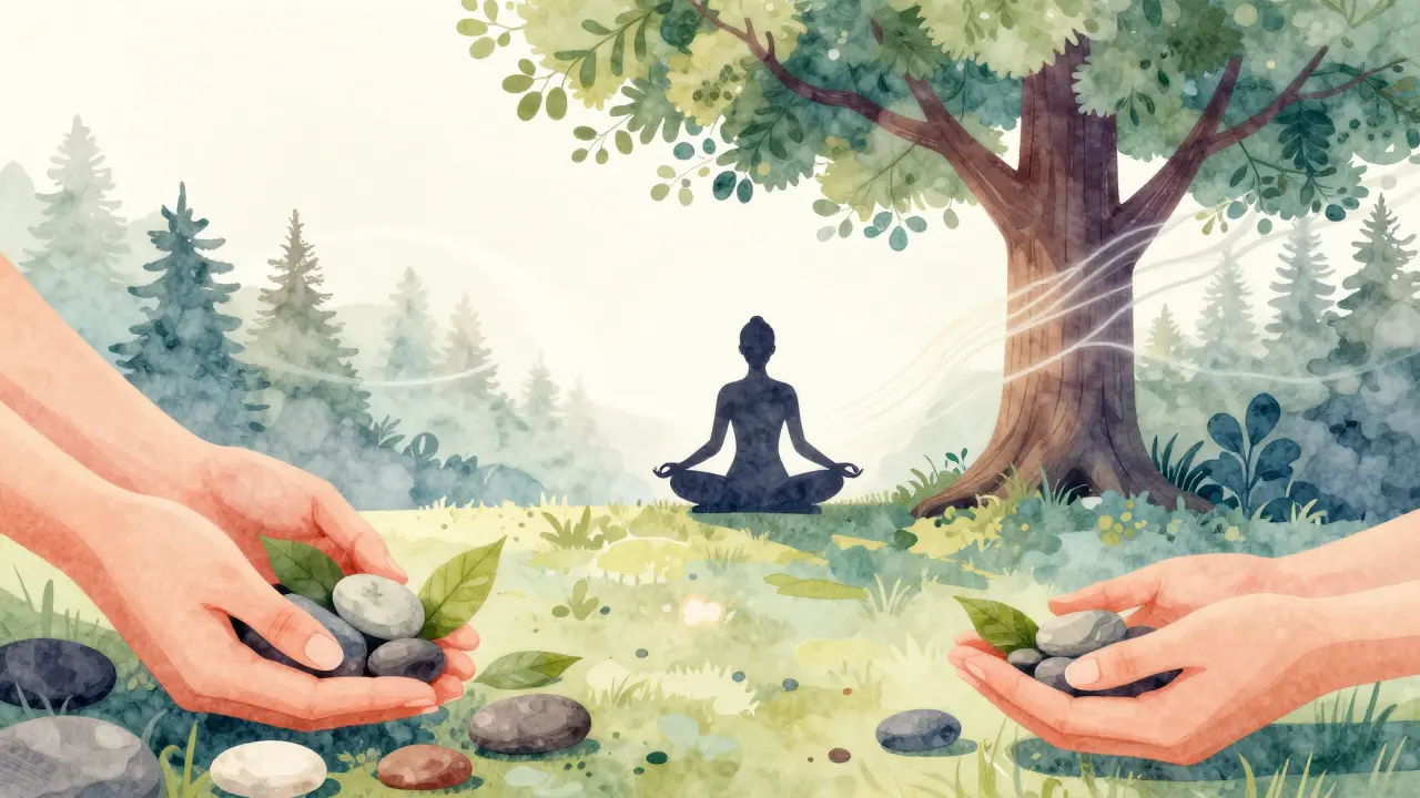 Konceptuální ilustrace meditace a sbírání přírodnin v lese