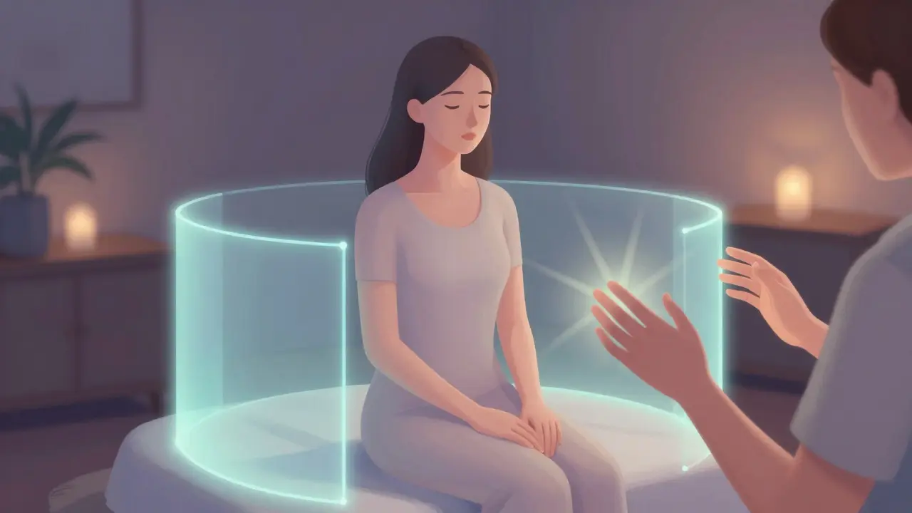 Konceptuální ilustrace osobních hranic a souhlasu v terapii