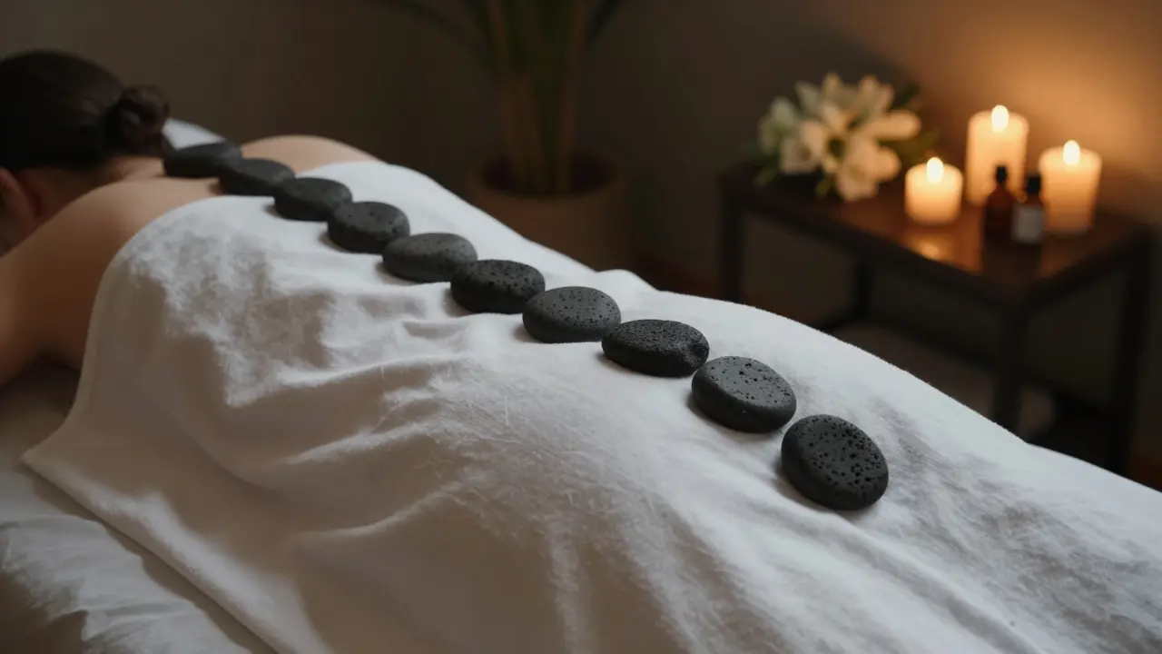 Řada horkých lávových kamenů leží na zádech klienta při relaxační terapii.