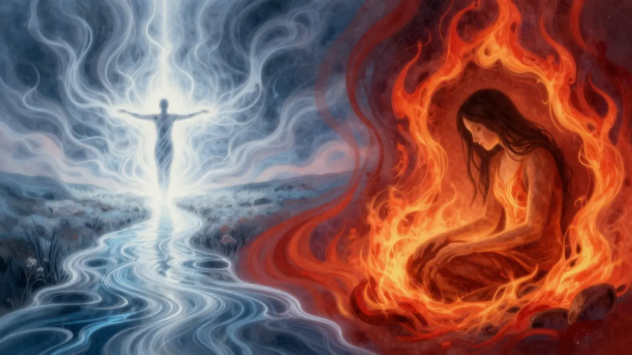 Abstraktní ilustrace dvou cest: duchovní harmonie versus fyzická úleva