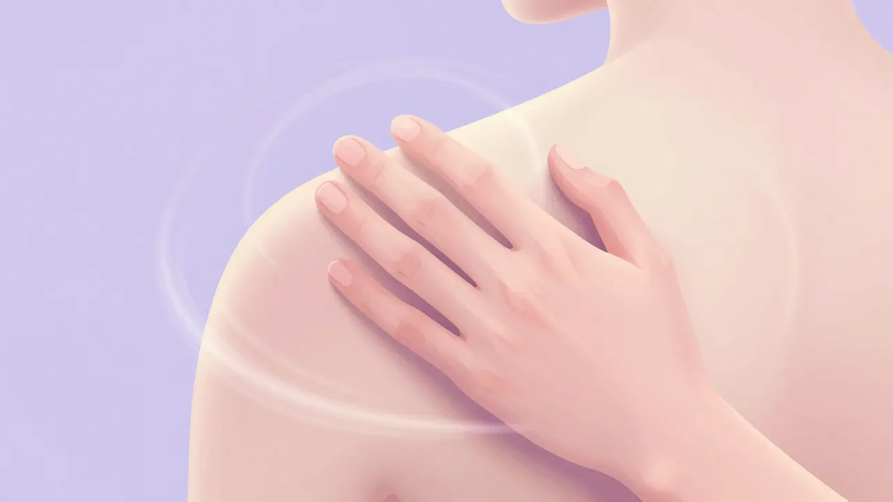 Ilustrace jemně se dotýkajících rukou v pastelových tónech