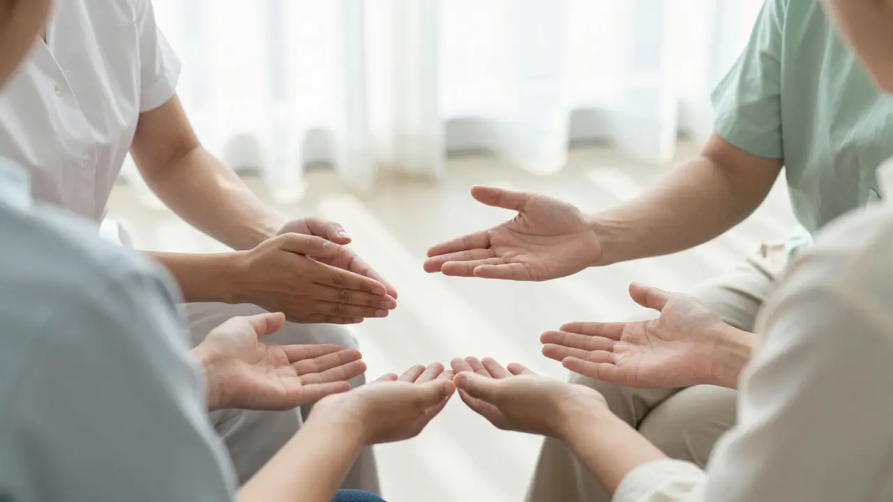 Ruce terapeuta a klienta v gestu důvěry a komunikace