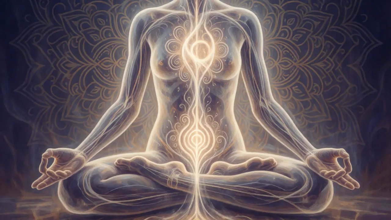 Konceptuální ilustrace tantrické energie a lingamu v meditativním stavu