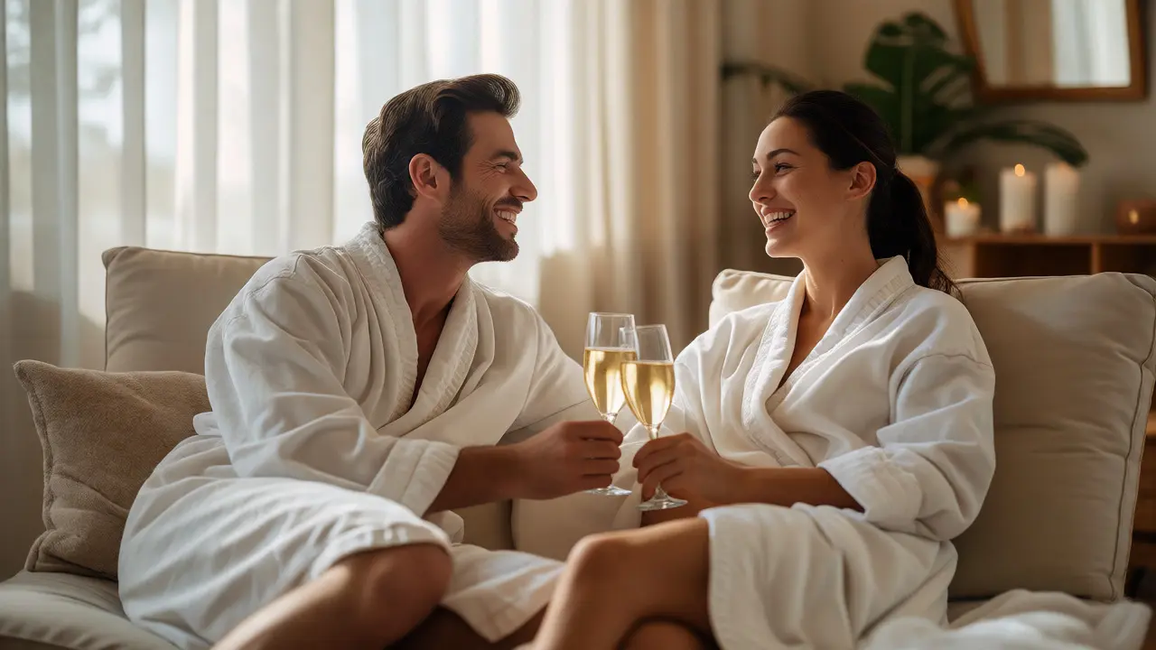 Štastný pár v županech po masáži s šampaňským ve wellness zóně