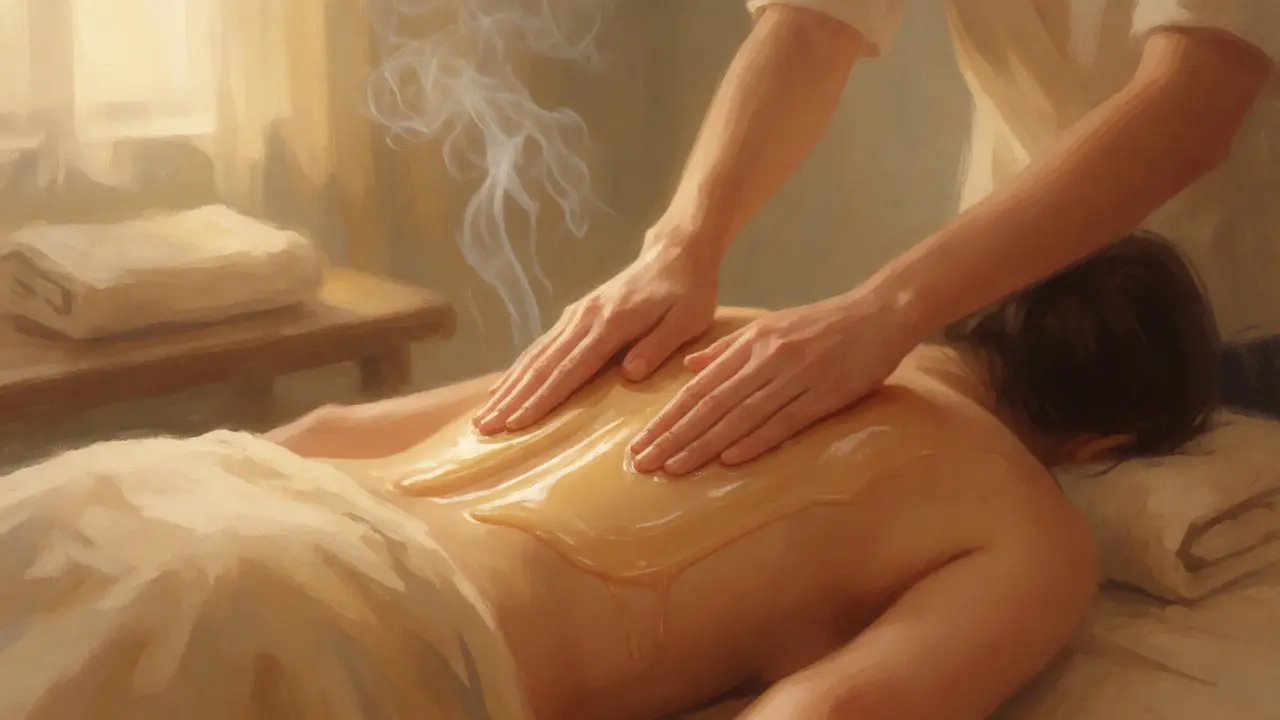 Terapeutické nanášení oleje na záda při tantrické masáži