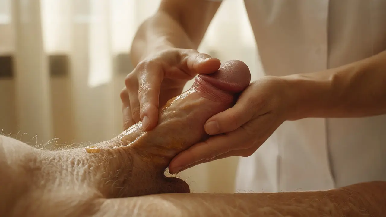 Detailní záběr na ruce terapeuta nanášející olej při lingam masáži na citlivou kůži.